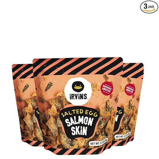 IRVINS Salted Egg Salmon Skin Chips Crisps | Premium Hand Cooked | Halal | High Protein | Keto-Friendly | 3.7 oz (Pack of 3)