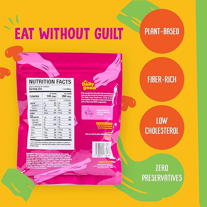 The Daily Good Mushroom Jerky - 3-Pack Snacks, Yummy High-Fiber Mushroom Snack, Gluten-Free Food, Contains Eggs, Made from Shiitake Stalk, 0.58 lbs., Vegetarian, Original, Hot & Spicy, BBQ Flavor