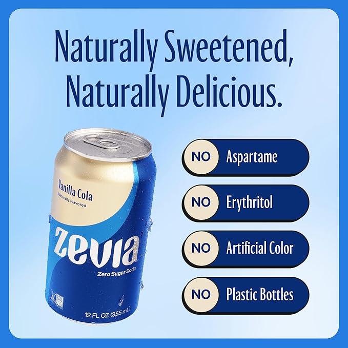 Zevia Zero Sugar Soda, Vanilla Cola, 12 oz Cans (8-Pack) ??Naturally Sweetened, Non-GMO Project Verified, Gluten-Free, Vegan