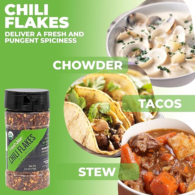 FreshJax Organic Smoked Red Chili Flakes (2.5 oz Bottle) Non GMO, Gluten Free, Keto, Paleo, No Preservatives Crushed Red Chili Pepper Flakes | Handcrafted in Jacksonville, Florida