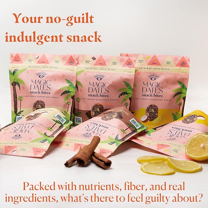 MAGICDATES Date Snack Bites | Lush Lemon Bar – 4 Bags (16 Servings) | Medjool Dates | Gluten-Free | Vegan | Paleo | No Added Sugar | Plant-Based Citrus Snack | Healthy On-the-Go Bites