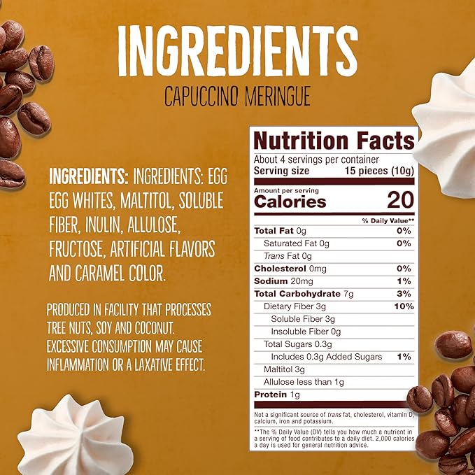 Don't Worry Low Calorie Meringue Cookies - 4 Pack - Capuccino and Cookies & Cream, Just 1 Calorie per Piece | Low Sugar Candy, Gluten Free, Protein Snacks | Keto Friendly and Healthy Snacks for Adults