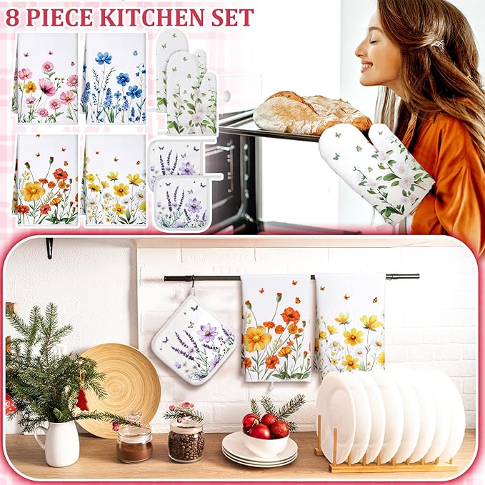 Bencailor 8 Pcs Kitchen Towel Pot Holders and Oven Mitts Set Kitchen Decoration 4 Dish Towels 2 Retro Oven Mitts 2 Potholders for Housewarming Gift Cooking Baking Grilling(Flower,Multicolor)