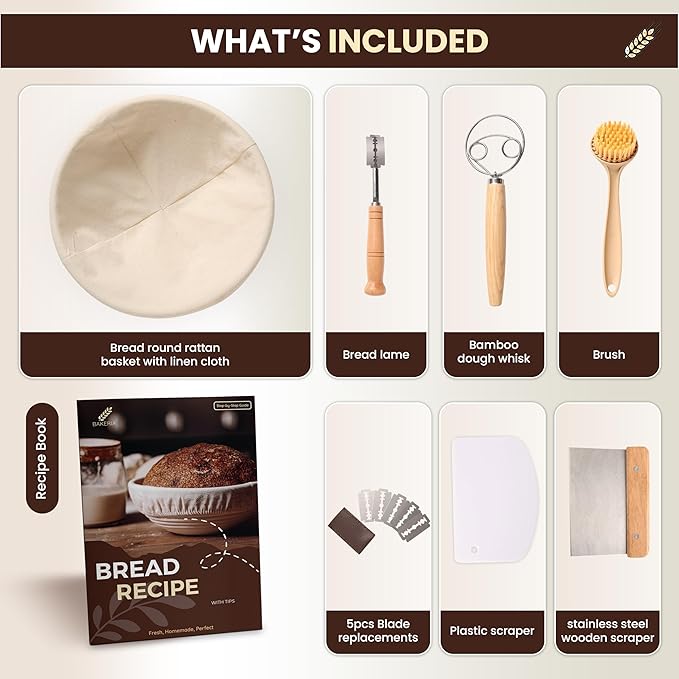 BAKERIA 9" Banneton Proofing Basket Kit (Round) ??Sourdough Bread Making Set with Danish Whisk, Bread Lame + 5 Blades, 2 Scrapers, Brush, Linen Liner & Recipe Book ??No Starter Culture