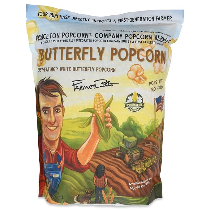 Princeton Popcorn White Butterfly Hulless Popcorn Kernels - Easy-Eating, Baby Small Tender Popping Corn, Non-GMO Popcorn Kernels, No Hulls, No Roundup, Direct from Farmer, Microwave Air Popper or Stovetop 8lb Bag