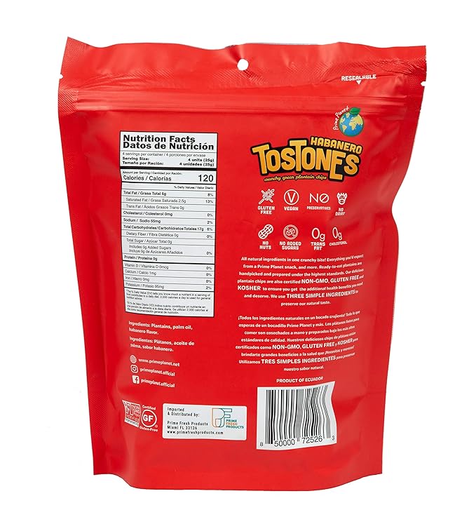 TOSTONES, HABANERO Flavored Green Plantains, Re-Sealable Bag, Crunchy chips, Plantains, Flower Oil and Salt, 3.53 Oz per Unit, 16 Pack,