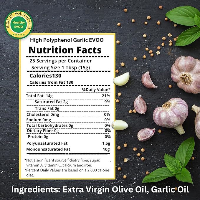 M.G. PAPPAS High Polyphenol Rich Garlic Infused Olive Oil - Extra Virgin Olive Oil - Over 500mg/kg - Cold Pressed & Unfiltered - High Hydroxytyrosol Greek Olive Oil - Award Winning