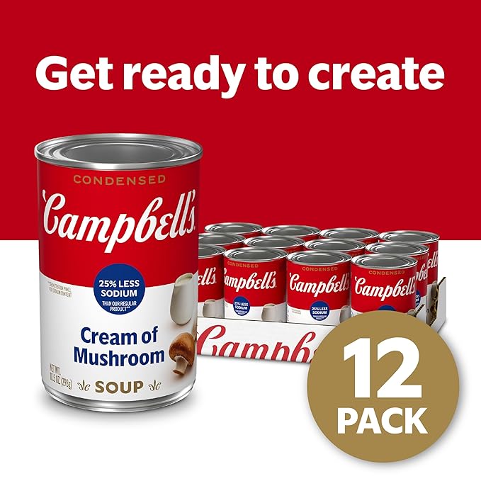Campbell's Condensed 25% Less Sodium Cream of Mushroom Soup, 10.5 oz Can (12 Pack)