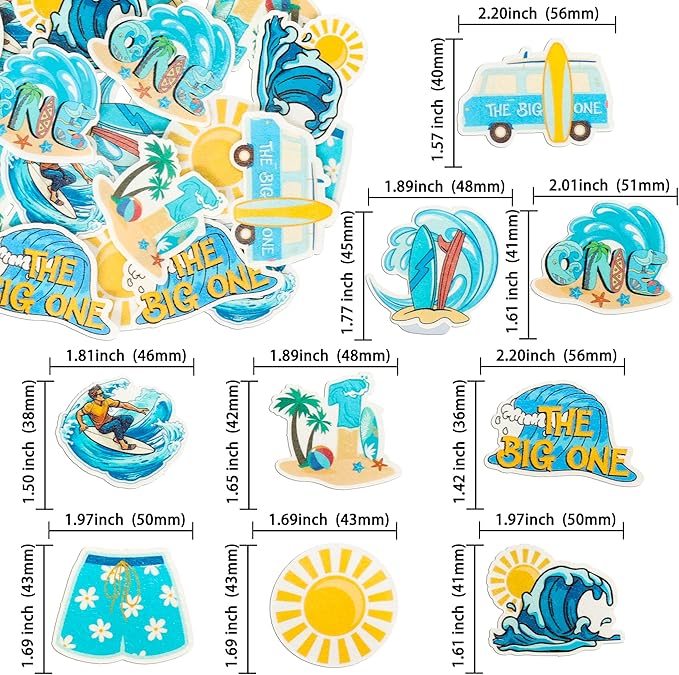 Gyufise 54Pcs Edible Surfing Cupcake Toppers Wafer Paper The Big One Surf Birthday Cake Dessert Picks Surfing 1st Birthday Decorations for Summer Hawaii Holiday Baby First Supplies Light Blue