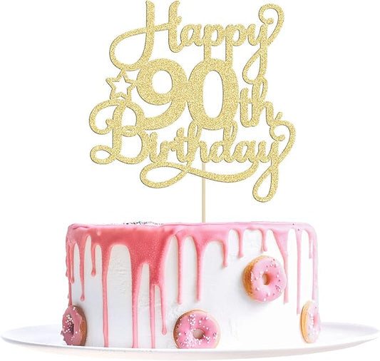 1 Pack Happy 90th Birthday Cake Topper Gold Glitter 90 & Fabulous Cheers to 90 Years Old Birthday Cake Pick for Celebrating 90th Birthday Anniversary Party Cake Decorations Supplies