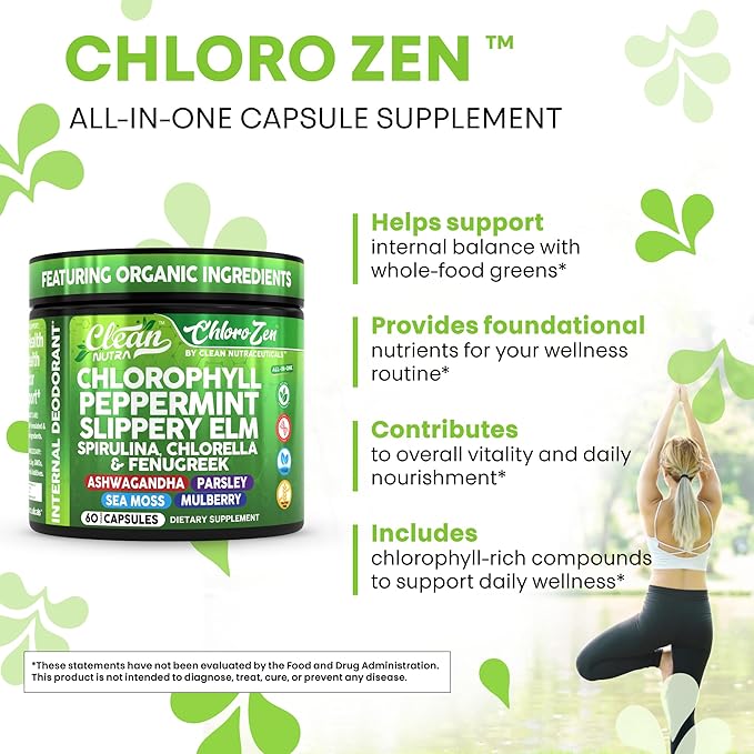Clean Nutra Chlorophyll Peppermint Slippery Elm Spirulina Chlorella Fenugreek Ashwagandha Sea Moss Supplement ??Ph Balance for Women Detox Internal Deodorant Supplements + Prebiotics 60 Vegan Capsules