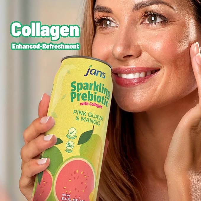 Jans Sparkling Prebiotic with Collagen Soda Beverage ??Pink Guava & Mango 8.4 Fl Oz (24-Pack) ??Low Calorie, NO Added Sugar, Non-GMO Sparkling Fruit Beverage, Gut Health Support