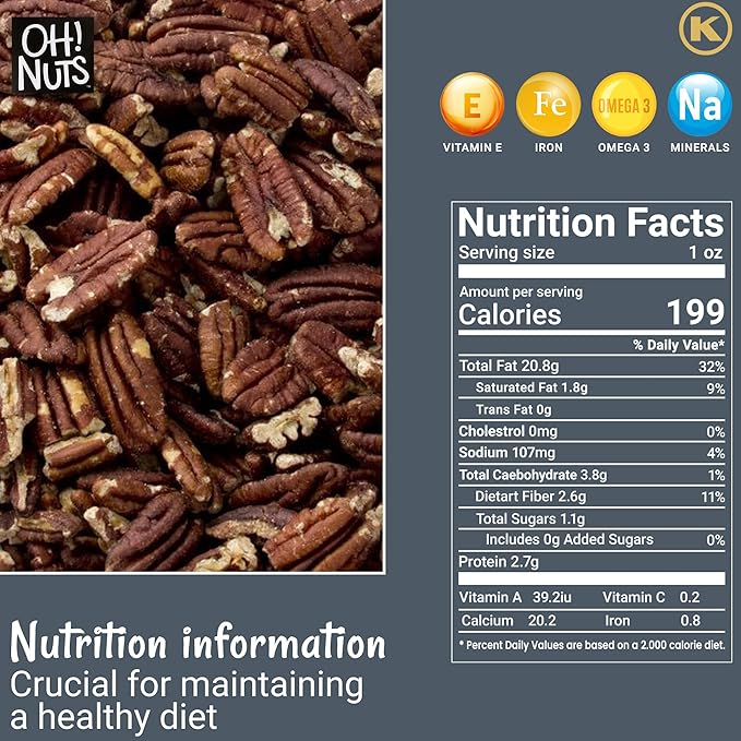 Oh! Nuts Pecans Dry Roasted Salted - All Natural Salted Pecans Halves - 2 lb Bulk Bag - Oil-Free Crunchy Snack