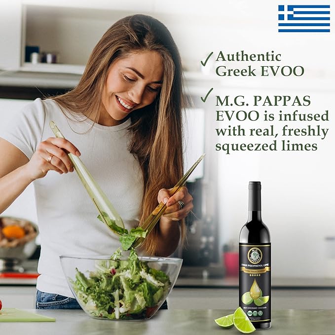M.G. PAPPAS High Polyphenol Rich Lime Infused Olive Oil Extra Virgin - Over 500mg/kg - Unfiltered Cold Pressed Greek EVOO - Award Winning - Cooking Lime Oil ??12.7 Oz 375ml