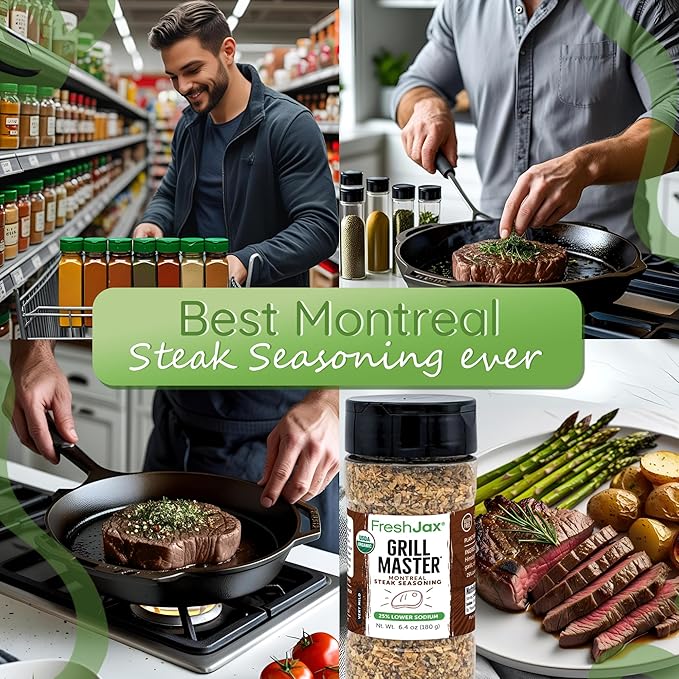 FreshJax Grill Master Montreal Steak Seasoning ??Organic Low Sodium 6.0 oz Bottle, Bold BBQ & Grilling Spice Blend, Gluten-Free, Non-GMO, Keto & Paleo Friendly, Perfect for Steak, Burgers & Roasts