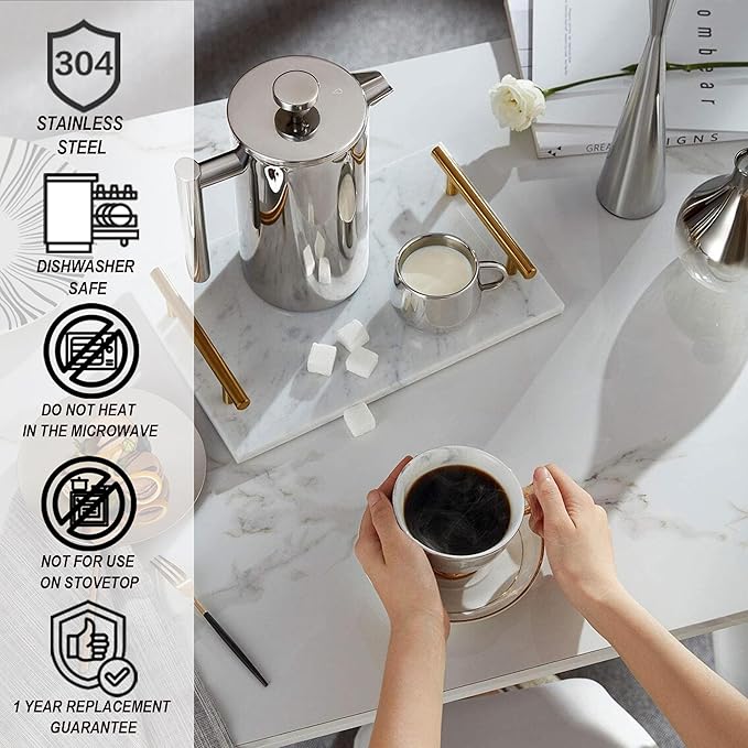 Small Stainless Steel French Press Coffee Maker 21oz(3 Cups), Double Wall Insulated for Hot& Cold Brew, Compact Coffee& Tea Press for Camping, Office, Travel with 3 Ultra-Fine Filters & Spoon- Silver