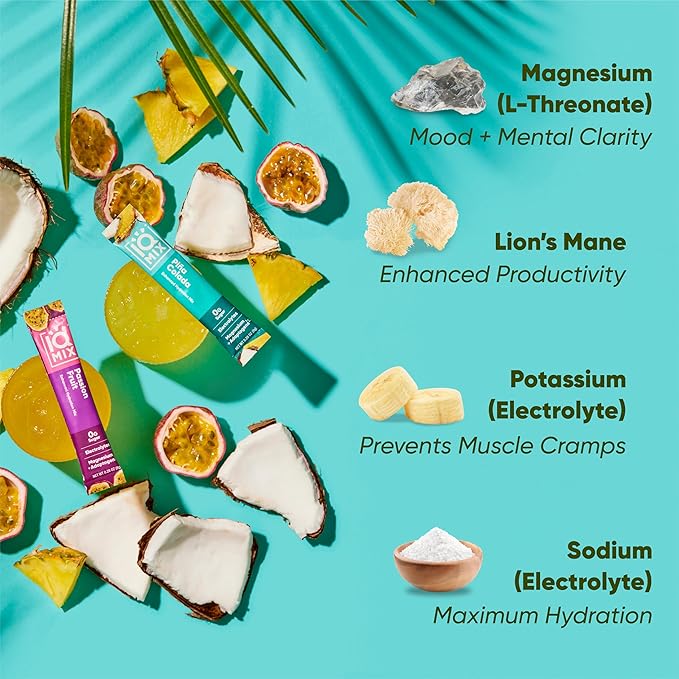 IQMIX Hydration Electrolyte Powder ??4-in-1 Formula for Hydration, Mental Clarity, Mood and Recovery ??Sugar-Free Drink Mix, Keto, Magnesium L-Threonate, Lion?™s Mane ??20 Count Tropical Variety Pack