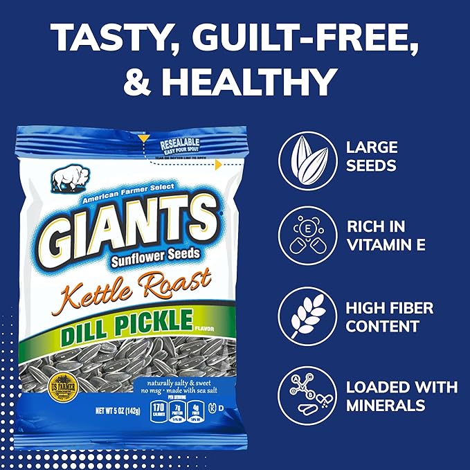 GIANTS Kettle Roast Dill Pickle Sunflower Seeds - Sunflower Seeds Bulk, Big Sunflower Seeds to Eat, Roasted & Flavored for Eating, 8g Protein Per Serving - 5 oz Bags (Pack of 3)
