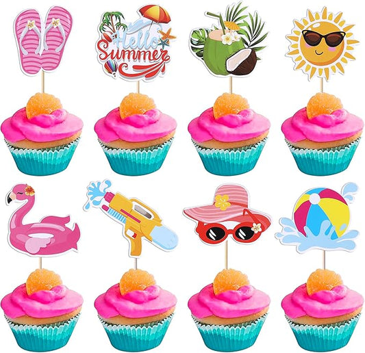 Rsstarxi 32 Pack Summer Beach Cupcake Toppers with Ball Sun Umbrella Water Gun Slippers Cupcake Picks Hello Hawaiian Cake Decorations for Baby Shower Hawaiian Summer Pool Themed Party Decor