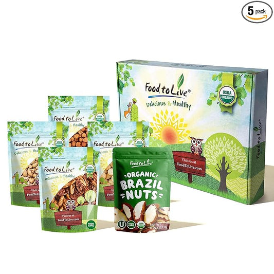 Food to Live - Organic Delicious Nuts in a Gift Box - A Variety Pack of Pecans, Hazelnuts, Brazil Nuts, Macadamia Nuts, and Roasted & Salted Pistachios
