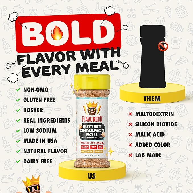 Flavor God 2 Bottles Buttery Cinnamon Roll Seasoning Topper Mix, Natural Healthy Blend, Bread, Pudding, Coffee Sprinkles, Oatmeal, Sandwiches & Ice Cream, Low Sodium, Kosher, Gluten Dairy Free