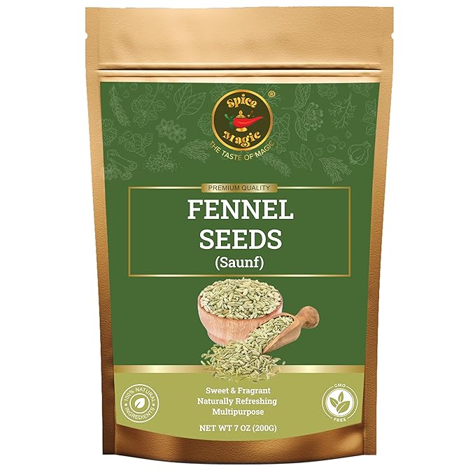 Spice Magic Fennel Seeds | Whole Fennel Seed 7oz (200g), 100% Natural, Fresh, Gourmet Spices and Seasonings for Cooking and Baking I Non-GMO I Indian Origin
