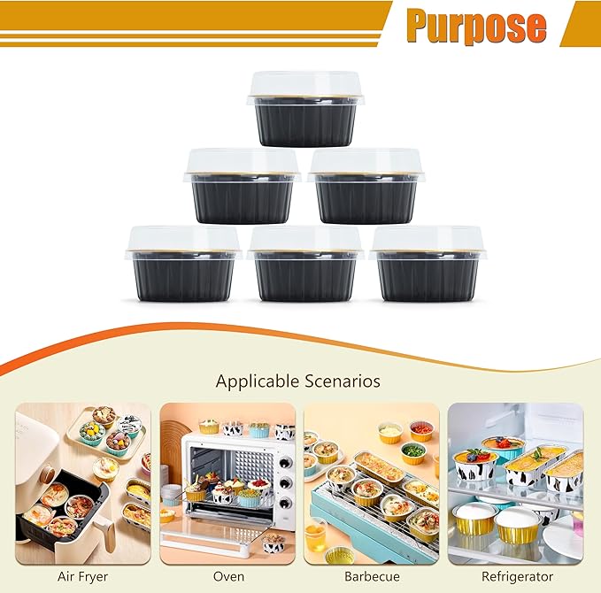 Black Mini Cake Pans with Lids, 4.2oz 50Pcs Black Disposable Ramekins, Black Aluminum Cups with Lids, Disposable Ramekins with Lids for Muffin