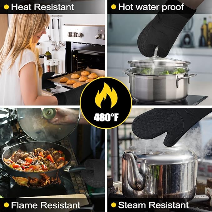 8PCS Oven Mitts and Pot Holders Sets - 480째F Heat Resistant Pot Holders and Oven Mitts, 14.5" Extra Long Silicone Oven Mitts for Cooking, Non-Slip Oven Mitt with Soft Cotton Lining, Black