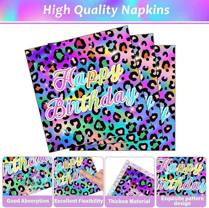 96Pcs Neon Rainbow Leopard Birthday Party Plates and Napkins Cheetah Print Birthday Themed Party Decorations Cheetah Leopard Girl's Sparkly Splatter Tableware Set for 24 Guests Baby Shower Supplies