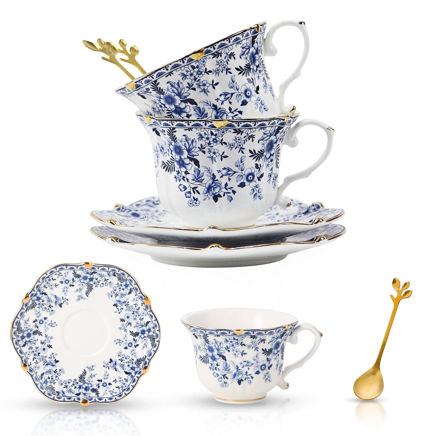TATSUMI Country Roses Bone China Tea Cup and Saucer Set, 6 Pieces, Vintage Style, For Women and Tea