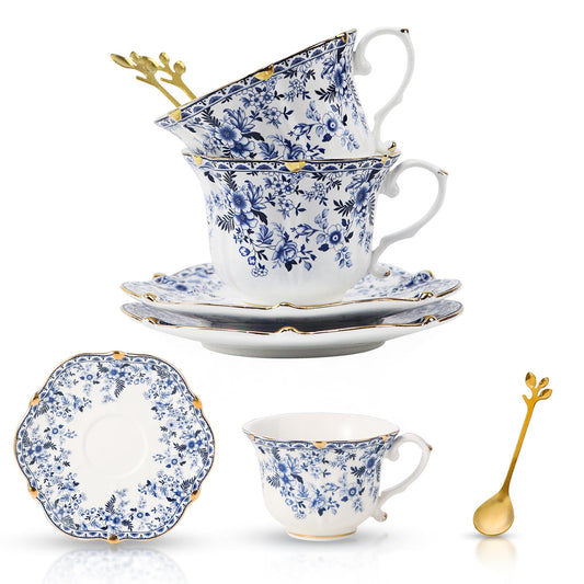 TATSUMI Country Roses Bone China Tea Cup and Saucer Set, 6 Pieces, Vintage Style, For Women and Tea