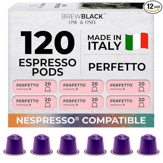 BrewBlack Perfetto Coffee Capsules - 120 Aluminum Coffee Pods Compatible with Nespresso Original line, Medium Roast - Intensity 9/12, Made in Italy
