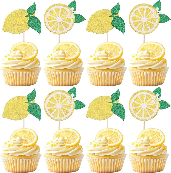 24 Pack Lemon Cupcake Toppers Glitter Fruit Theme Cupcake Picks Summer Lemona Pool Beach Barbecue Cupcake Decorations Lemon Baby Shower Birthday Themed Party Wedding Party