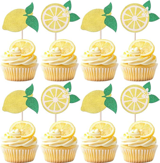 24 Pack Lemon Cupcake Toppers Glitter Fruit Theme Cupcake Picks Summer Lemona Pool Beach Barbecue Cupcake Decorations Lemon Baby Shower Birthday Themed Party Wedding Party