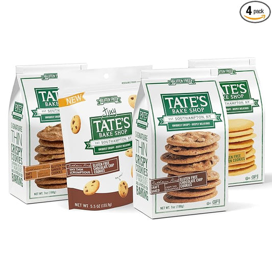 Tate's Bake Shop Gluten Free Cookies Variety Pack, Lemon, Ginger Zinger, Chocolate Chip, and Tiny Chocolate Chip Cookies, 4 Bags