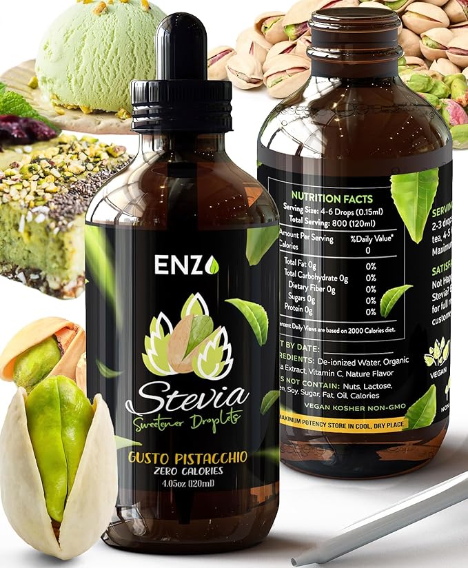 Enzo Liquid Stevia Drops Our Zero Calories Sweetener (4oz - 800 Servings/Bottle) - Pistachio - All Natural flavoring with No Artificial Additives & Filler Ingredient