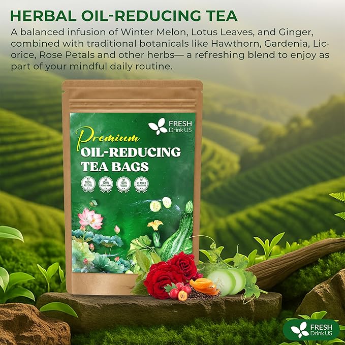 FreshDrinkUS, Oil-Reducing Herbal Tea ??40 Tea Bags | Blend of Winter Melon, Lotus Leaf, Ginger, Hawthorn, Gardenia Fruit, Rose, Cassia Seed & More | Naturally Caffeine-Free | Delicious Hot or Iced