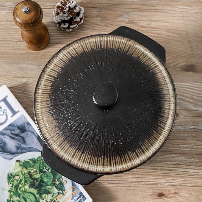 KOOV Ceramic Casserole Dish with Lid Oven Safe, 2 Quart Casserole Dishes, Covered Round Casseroles Dishes, 9 inch Baking dish With Lid, Deep Casseroles Cookware Set, Stripe Series (Rough Black)