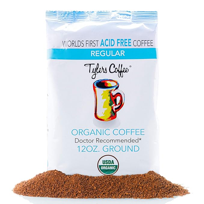 Tyler?™s Acid Free Organic Ground Coffee - 100% Arabica Full Flavor - Whole Bean and Caffeinated - No Bitter Aftertaste - For Acid Free Diets - Natural and Organic Blend for Common GI Issues - 12 oz