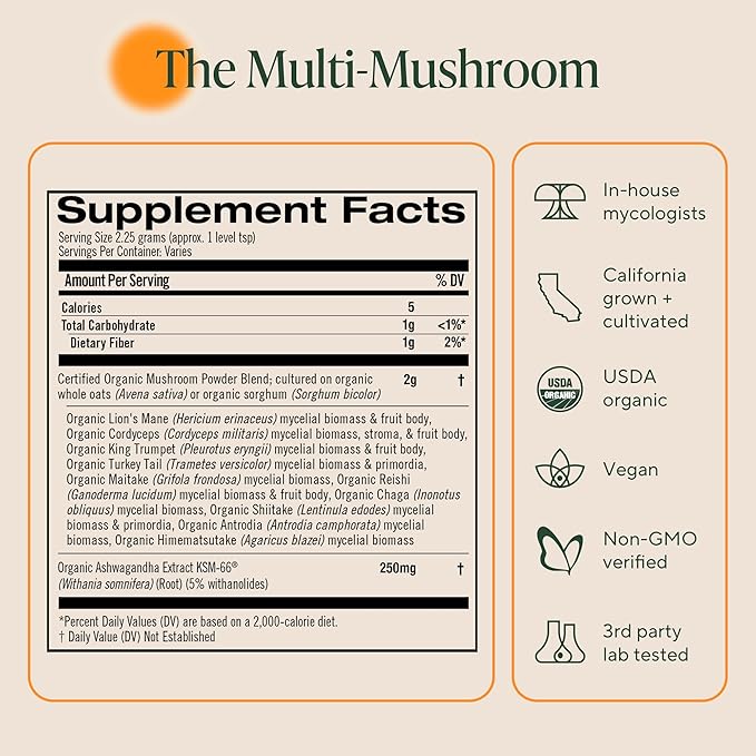 Om Master Blend Mushroom Powder ??Organic Mushroom Supplement with 10 Mushrooms and Ashwagandha - Support Immunity, Gut Health & Stress Relief, 3.17 oz (40 Servings)