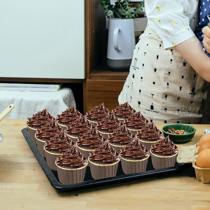 Muffin Cups with Lids 100Pack,Free-Air 3.5Oz Foil Cupcake Liners,Mini Muffin Liners Cupcake Baking Cups,Disposable Muffin Tins Cupcake Wrappers,with Spoons-Brown in gold