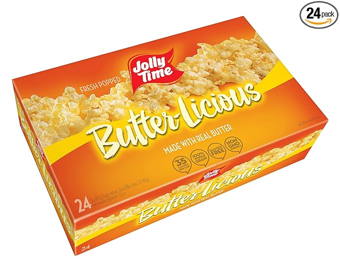 Jolly Time Value Pack Butter-Licious, Original Buttery Microwave Popcorn Snack, Gluten Free with Real Buttered Corn Homestyle Flavor (Bulk 24-Count Box)