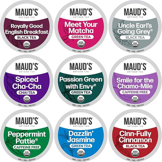 Maud's 9 Blend Organic Tea Pods Variety Pack, 48 ct, 9 Assorted Flavors, Recyclable Single Serve Pods ??00% Gourmet Blended Tea Leaves, Compatible with Keurig K Cups Maker