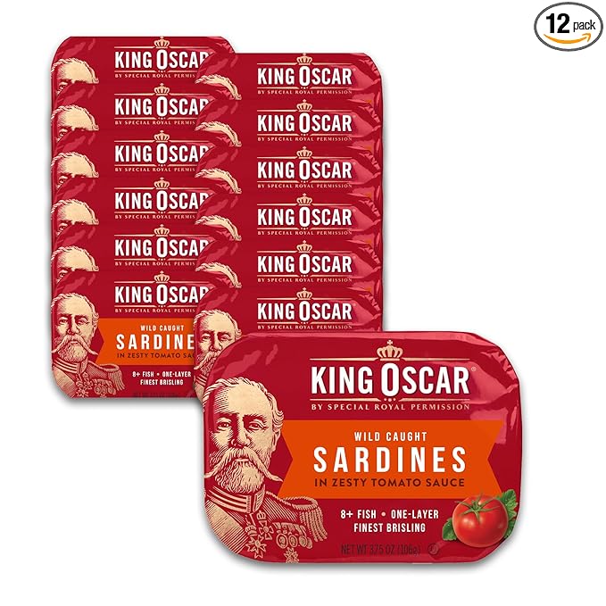 King Oscar Premium Sardines in Zesty Tomato Sauce, 3.75 Ounce Cans (Pack of 12), Wild Caught Canned