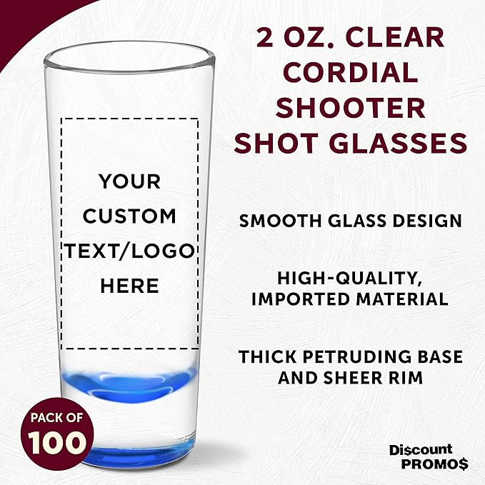 Custom Cordial Shooter Shot Glasses 2 oz. Set of 100, Personalized Bulk Pack - Great for Birthdays, Parties, Indoor & Outdoor Events - Blue