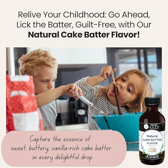 Natural Cake Batter Extract - 2 oz - Water-Soluble - By Harvest Moon Delights - Cake Batter Extract for Baking, Ice Cream, Drinks, and Candy - Flavoring, Sugar Free