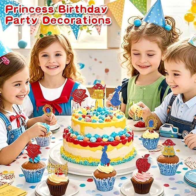 24pcs Blue Princess Cupcake Topper Glitter Royal Castle Happy Birthday Cake Toppers Red Rose Apple Cupcake Toppers for Princess Birthday Wonderland Forest Baby Shower Halloween Party Decor