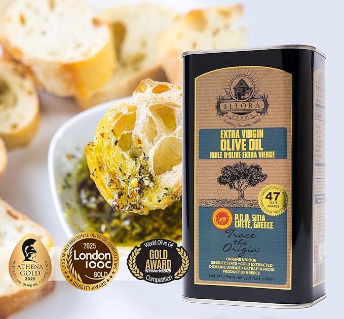 Ellora Farms, Greek Extra Virgin Olive Oil, Certified PDO SITIA, Single Estate, Single Origin, Single Variety, Cold Press & Traceable Olive Oil, Crete, Greece, Kosher, 1 Lt Tin (33.8 oz.)