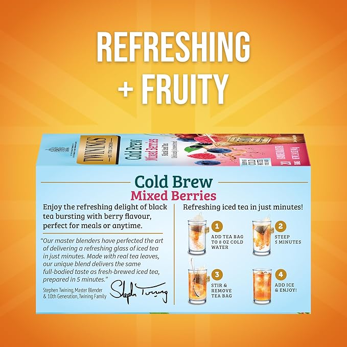Twinings Mixed Berries Cold Brew Iced Tea Bags, 20 Count (Pack of 1), Unsweetened Flavoured Black Tea, Caffeinated, 20 Teabags
