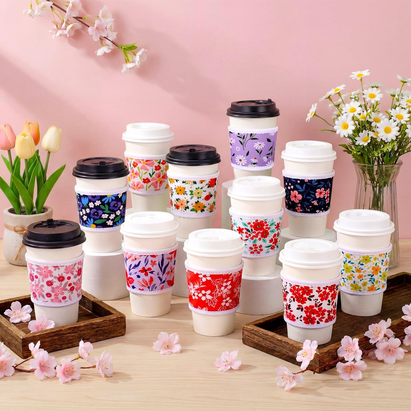 Potchen 16 Pack Reusable Iced Coffee Cup Sleeves Neoprene Insulated Drink Cup Insulator Sleeve for